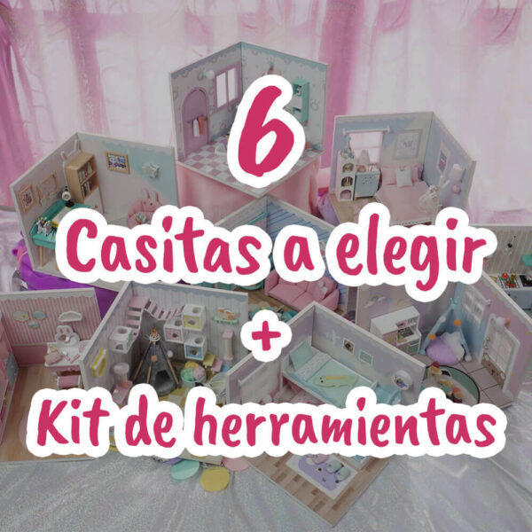 Una imagen de los 9 modelos de casitas en miniatura de la colección la casita de momo con un texto que indica que 6 casitas en miniatura de modelos de la casita de momo y de regalo incluye un kit de herramientas