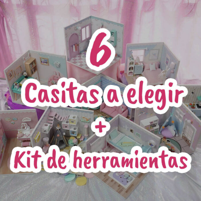 Una imagen de los 9 modelos de casitas en miniatura de la colección la casita de momo con un texto que indica que 6 casitas en miniatura de modelos de la casita de momo y de regalo incluye un kit de herramientas