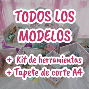 Una imagen de los 9 modelos de casitas en miniatura de la colección la casita de momo con un texto que indica que incluyen los 9 modelos de la casita de momo y de regalo incluye un tapete de corte y el kit de herramientas