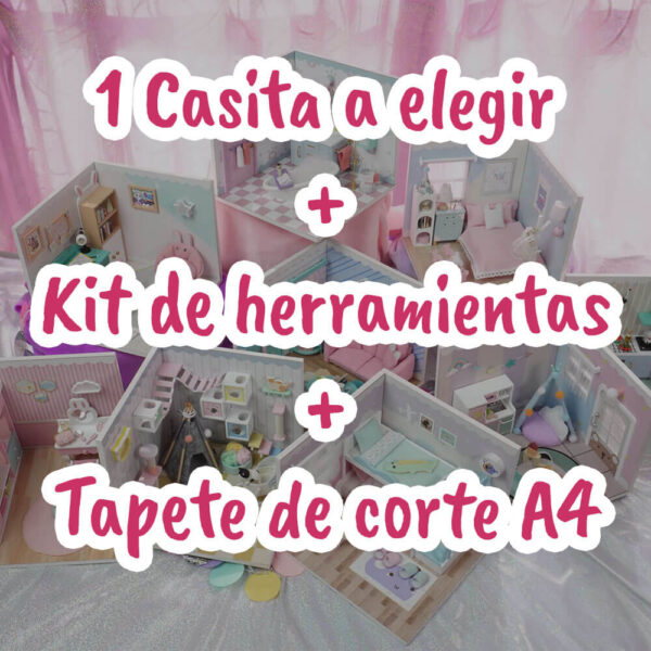 Una imagen de los 9 modelos de casitas en miniatura de la colección la casita de momo con un texto que indica que puedes elegir 1 casita y de regalo incluye un tapete de corte y el kit de herramientas