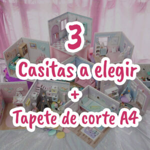 Una imagen de los 9 modelos de casitas en miniatura de la colección la casita de momo con un texto que indica que puedes elegir 3 casitas y un tapete de corte de regalo